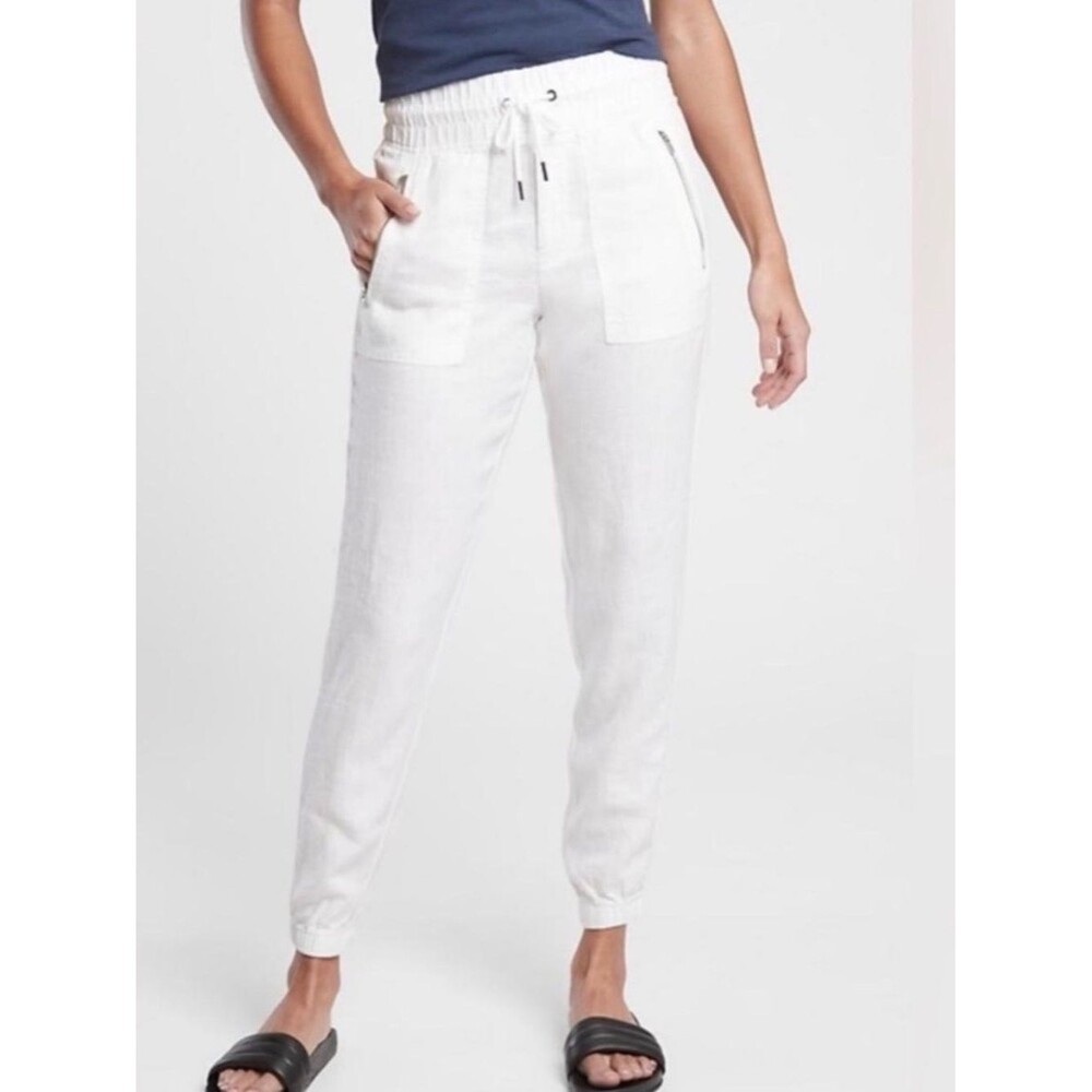 Athleta Cabo Linen Jogger Pants White Size 16 Drawstring Coastal Summer Travel